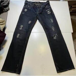 Affliction Jeans Mens Relaxed Straight Leg Distressed Denim Embroidered 31x32